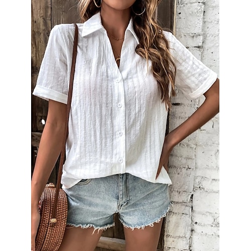 

Women's Blouse Shirt Yellow White Black Plain Button Short Sleeve Daily Weekend Streetwear Casual Shirt Collar Regular S