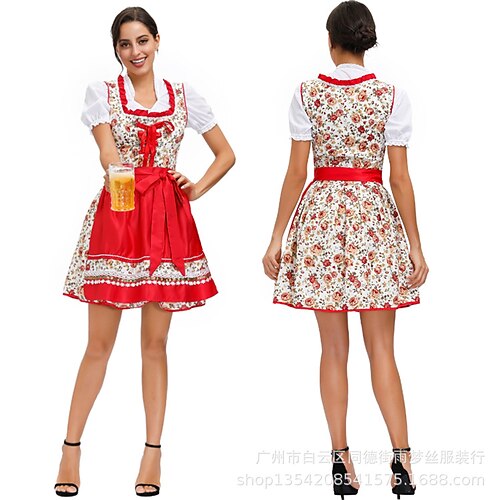 

Oktoberfest Beer International Beer Festival Dirndl Trachtenkleider Women's Top Dress Apron Bavarian Costume red with white