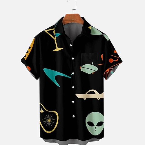 

Men's Shirt Graphic Shirt Alien Turndown Black 3D Print Street Daily Short Sleeve 3D Button-Down Clothing Apparel Fashion Designer Casual Breathable / Beach