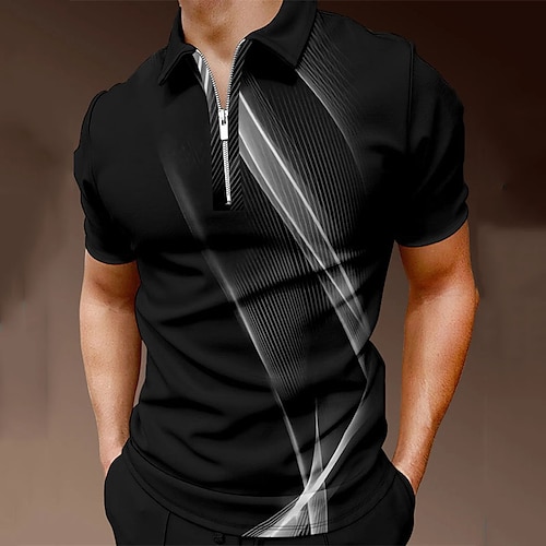 

Men's Collar Polo Shirt Golf Shirt Streamer Turndown Black / White 3D Print Street Daily Short Sleeve Zipper 3D Clothing Apparel Fashion Casual Comfortable / Beach