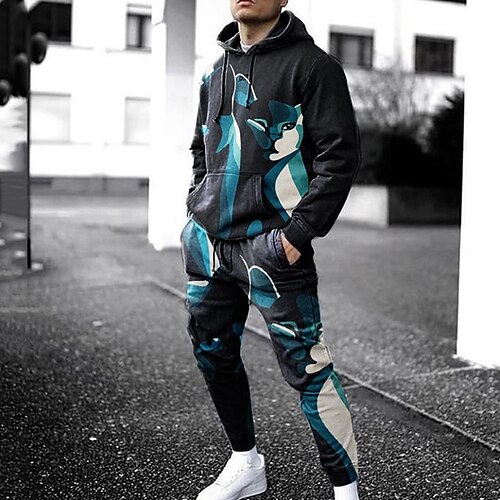 

Men's Tracksuit Hoodies Set Cartoon Graphic Patterned 2 Piece Print Sports Outdoor Casual Sports 3D Print Sportswear Basic Essential Hoodies Sweatshirts White Black Blue