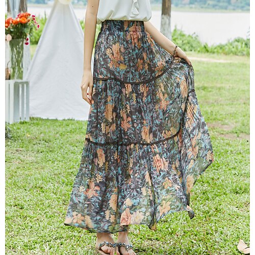 

Women's Fashion Swing Skirts Performance Weekend Floral Tulle Green Blue Pink One-Size / Maxi / Loose / Print