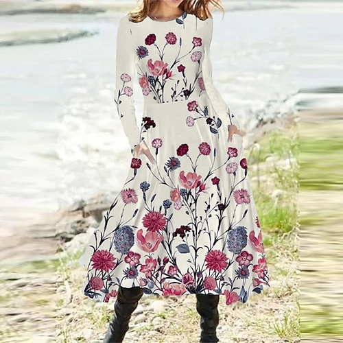 

Women's A Line Dress Midi Dress Pink Beige Long Sleeve Floral Pocket Print Fall Spring Round Neck Casual Vacation 2022 S M L XL XXL 3XL