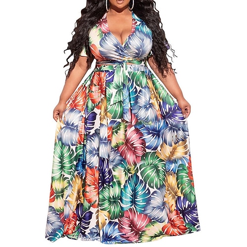 

Women's Plus Size Holiday Dress Leaf V Neck Print Short Sleeve Spring Summer Romantic Mumu Maxi long Dress Daily Date Dress