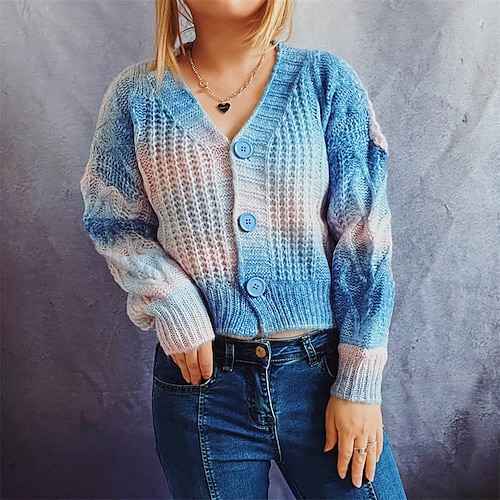

Women's Cardigan Sweater Jumper Crochet Knit Knitted Button Color Gradient V Neck Stylish Casual Daily Going out Fall Winter Black Blue S M L / Long Sleeve