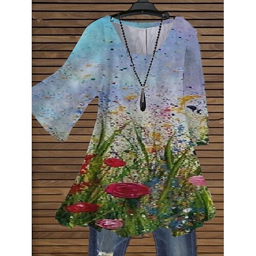 

Women's Plus Size Tops Blouse Shirt Floral Butterfly Print 3/4 Length Sleeve Crewneck Streetwear Daily Holiday Cotton Spandex Jersey Spring Summer Green Blue
