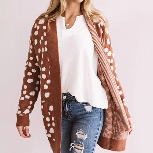 

Women's Cardigan Sweater Jumper Knit Pocket Knitted Polka Dot Open Front Casual Soft Holiday Going out Fall Winter Khaki Coffee One-Size / Long Sleeve / Regular Fit