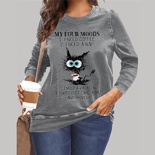 

Women's Plus Size Tops Pullover Sweatshirt Hoodie Sweatshirt Animal Cat Print Long Sleeve Crewneck Streetwear Daily Vacation Microfiber Fall Winter Blue Gray