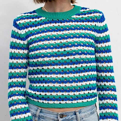 

Women's Pullover Sweater Jumper Crochet Knit Cropped Knitted Striped Crew Neck Stylish Casual Home Daily Fall Winter Green Black S M L / Long Sleeve / Regular Fit / Going out