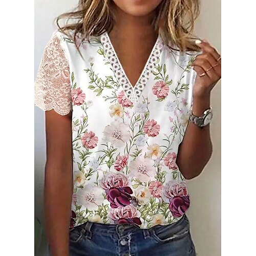 

Damen T Shirt Weiß Blumen Spitze Bedruckt Kurzarm Casual Festtage Basic V Ausschnitt Standard Blume Farbe S