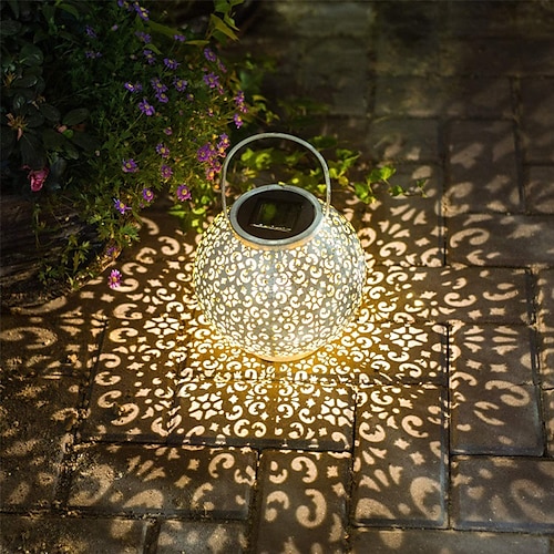 Waterproof Solar Lamp Retro Hollow Lantern Light Iron Art Hollow Lantern  Light Handheld Hanging Projector Lamp Yard Decoration