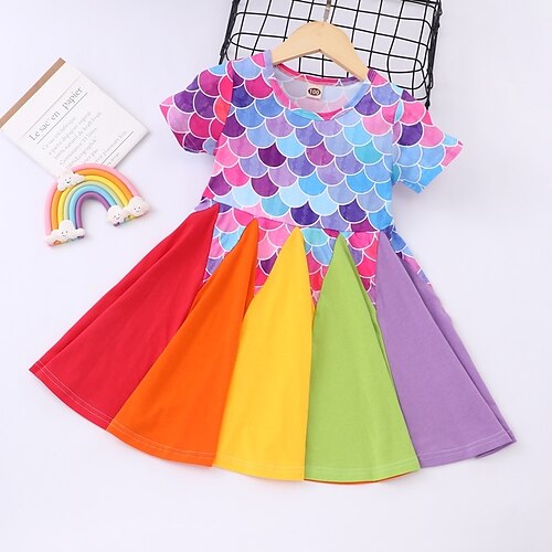 

Kids Toddler Little Girls' Dress Rainbow colour Performance Vacation White Purple Knee-length Short Sleeve Vacation Cute Dresses Summer Loose 1 PC 2-6 Years