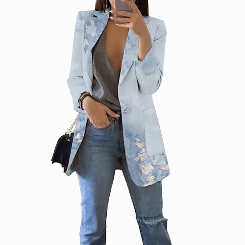 

Women's Blazer Office Street Work Spring Fall Regular Coat Regular Fit Breathable Stylish Formal Style Modern Style Jacket Long Sleeve Floral with Pockets Print Blue