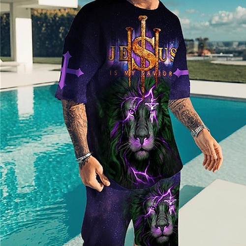 

Men's T-shirt Suits Tennis Shirt Graphic Animal Crew Neck Blue Purple Fuchsia Red 3D Print Street Daily Short Sleeve Print Clothing Apparel 2pcs Basic Fashion Lightweight Casual / Summer / Spring