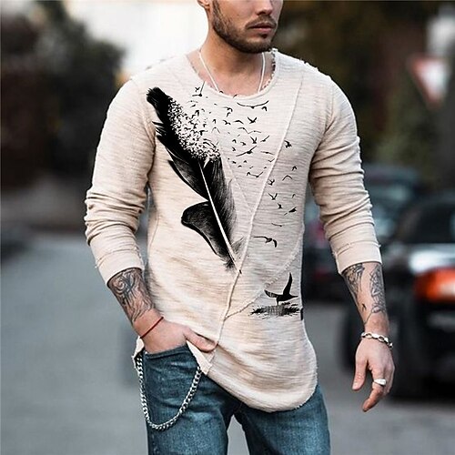

Men's Unisex T shirt Tee 3D Print Graphic Prints Feather Crew Neck Daily Holiday Print Long Sleeve Tops Designer Lightweight Casual Classic Beige
