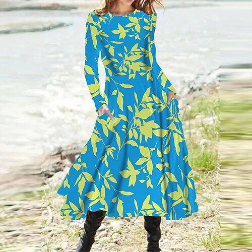 

Women's A Line Dress Midi Dress Green Blue Purple Fuchsia Royal Blue Long Sleeve Floral Pocket Print Fall Spring Round Neck Casual Vacation 2022 S M L XL XXL 3XL