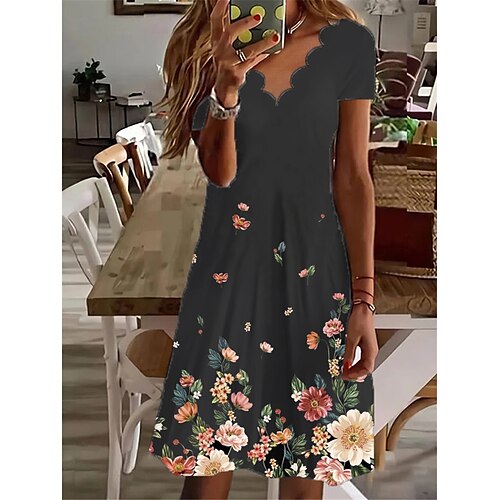 

Women's Casual Dress Shift Dress Black Short Sleeve Floral Print Spring Summer V Neck 2022 S M L XL XXL 3XL