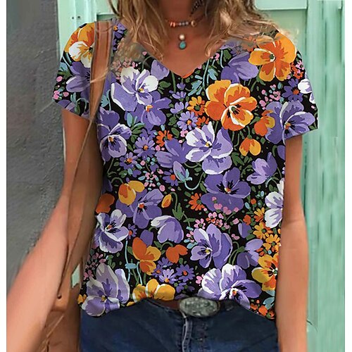 

Women's T shirt Tee Flower Casual Floral T shirt Tee Short Sleeve Print V Neck Vintage Green S / 3D Print