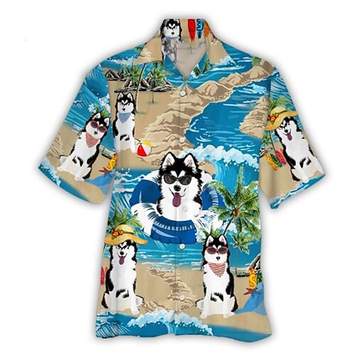 

Men's Shirt 3D Print Dog Graphic Patterned Turndown Street Daily 3D Button-Down Short Sleeve Tops Casual Fashion Breathable Comfortable Sea Blue