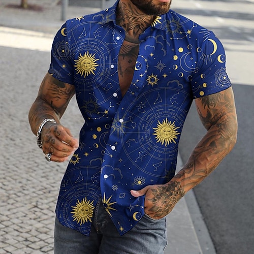 

Men's Shirt Graphic Shirt Sun Turndown Royal Blue Print Street Daily Short Sleeve Button-Down Print Clothing Apparel Fashion Designer Casual Breathable