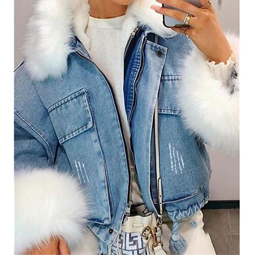 

Dame Denimjakker Teddyfrakk Dongeri vest utendørs Gate Daglig Høst Vinter Normal Frakk Normal Hold Varm Pustende Gatemote Fritid Jakker Langermet Helfarge Pelskanter Klassisk Svart Blå