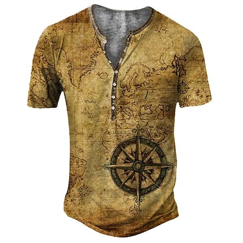 

Men's Henley Shirt Tee T shirt Tee 3D Print Graphic Patterned Map Plus Size Henley Daily Sports Button-Down Print Short Sleeve Tops Designer Basic Casual Big and Tall Brown / Summer