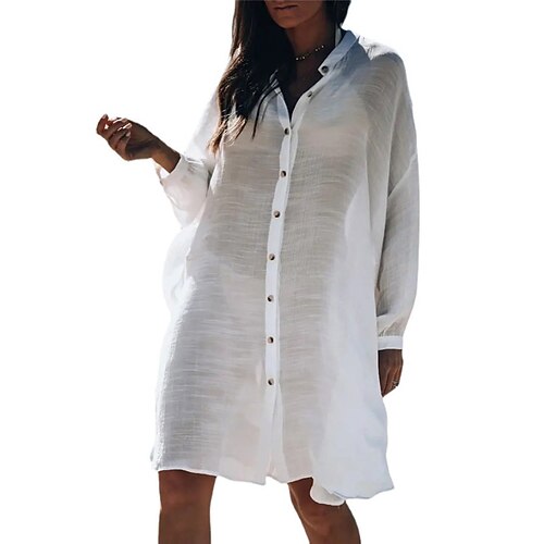 

Women's Shirt Dress Knee Length Dress White Long Sleeve Pure Color Button Fall Winter Stand Collar Casual Loose 2022 S M L XL XXL