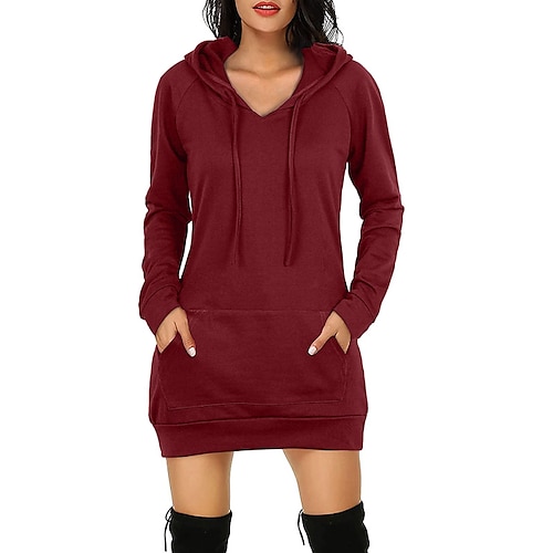 

Vestido con capucha para mujer vestido de invierno mini vestido corto negro rojo manga larga color puro bolsillo otoño invierno con capucha casual suelto 2022 s m l xl xxl/vestido casual