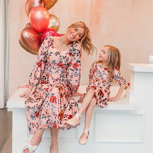 

Mommy and Me Dresses Floral Plant Print Pink Long Sleeve Knee-length Daily Matching Outfits / Spring / Fall / Elegant