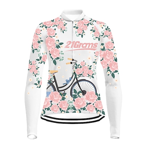 

21Grams Women's Cycling Jersey Long Sleeve Bike Top with 3 Rear Pockets Mountain Bike MTB Road Bike Cycling Breathable Quick Dry Moisture Wicking White Floral Botanical Spandex Polyester Sports