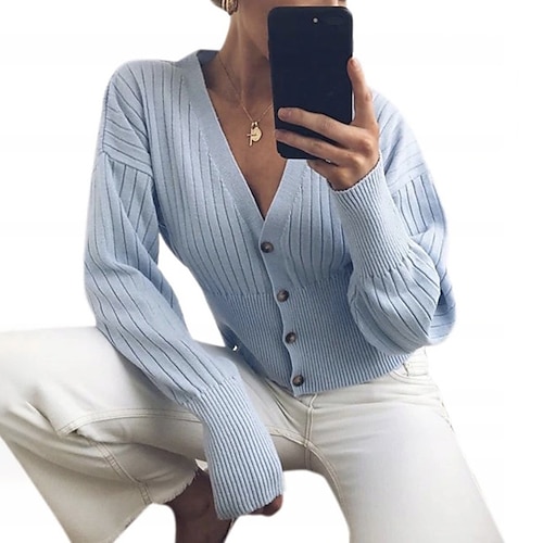 

Women's Cardigan Jumper Ribbed Knit Knitted Pure Color V Neck Stylish Casual Home Daily Fall Winter Blue Gray S M L / Long Sleeve / Holiday / Regular Fit / Going out