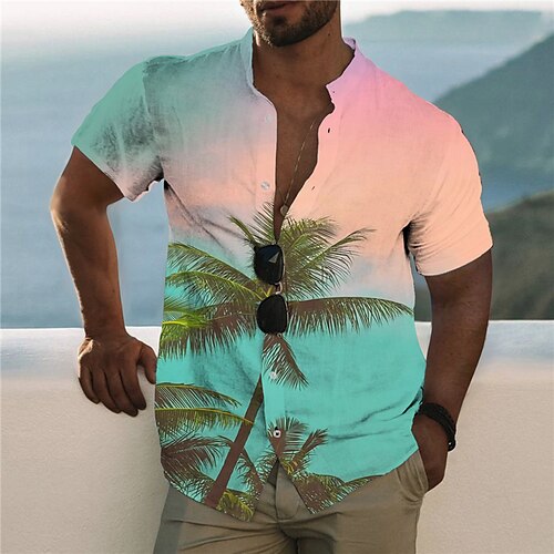 

Men's Shirt Graphic Shirt Aloha Shirt Coconut Tree Stand Collar Pink 3D Print Outdoor Casual Short Sleeve Button-Down Print Clothing Apparel Fashion Designer Casual Comfortable