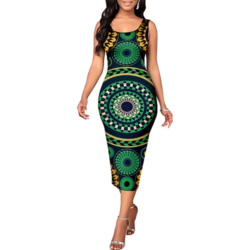 

Women's Bodycon Midi Dress Green Sleeveless Geometric Patchwork Print Summer U Neck Stylish Casual 2022 S M L XL XXL