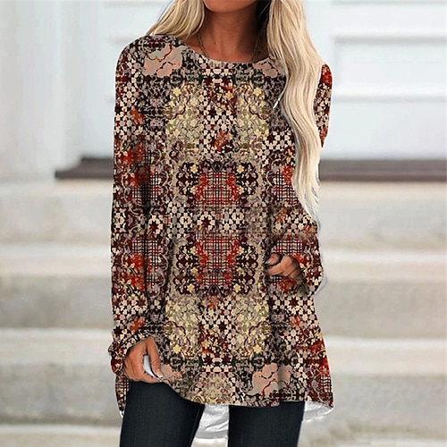 

Women's Shift Dress Knee Length Dress Khaki Long Sleeve Geometric Print Fall Spring Crew Neck Casual Vacation 2022 S M L XL XXL 3XL