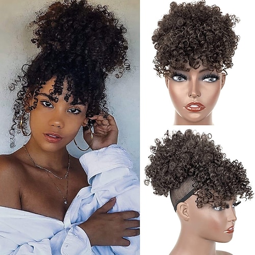 

Drawstring Ponytail with Bangs Afro Puff Ponytail Extensions for Women Short Curly Puff Ponytail with Bangs Clip in Wrap Hairpiece