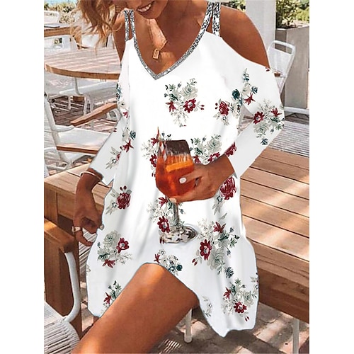 

Women's A Line Dress Short Mini Dress White Black 3/4 Length Sleeve Floral Sequins Cold Shoulder Print Fall Spring Spaghetti Strap Casual Fashion 2022 S M L XL XXL 3XL