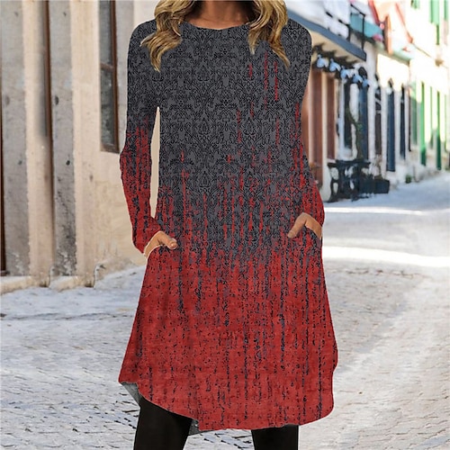 

Women's Shift Dress Knee Length Dress Blue Red Long Sleeve Floral Pocket Print Fall Spring Crew Neck Casual Vacation 2022 S M L XL XXL 3XL