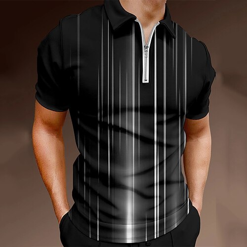 

Men's Collar Polo Shirt Golf Shirt Striped Turndown Black 3D Print Street Daily Short Sleeve Zipper 3D Clothing Apparel Fashion Casual Breathable Comfortable / Beach