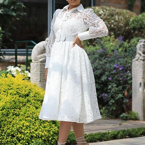 

Women's A Line Dress Midi Dress White Gold Red Long Sleeve Pure Color Lace With Belt Button Fall Spring Shirt Collar Elegant Fashion 2022 S M L XL XXL 3XL