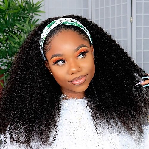 

Human Hair Wig Yaki With Headband Natural Black Adjustable Easy to Carry Natural Hairline Machine Made Brazilian Hair Women's Natural Black #1B 16 inch 18 inch 20 inch Party / Evening Daily Wear