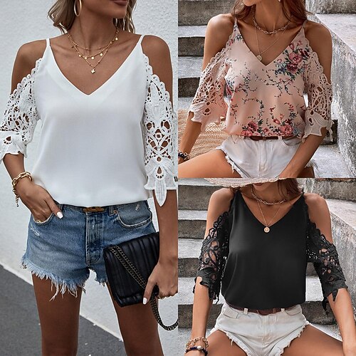 

Rocky 2022 Spring And Summer New Amazon AliExpress Ebay Cross-Border V-Neck Solid Color Sling Hollow Sleeve Off-The-Shoulder T-Shirt