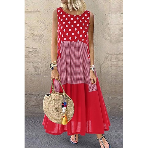 

Women's Shift Dress Maxi long Dress Black Yellow Red Sleeveless Polka Dot Print Summer Crew Neck Casual 2022 S M L XL 2XL 3XL