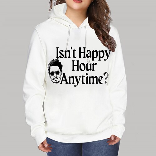 

Women's Plus Size Tops Hoodie Sweatshirt Portrait Letter Print Long Sleeve Hooded Streetwear Daily Vacation Polyester Fall Winter White