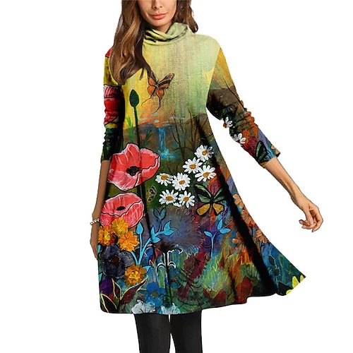 

Women's Casual Dress Shift Dress Swing Dress Midi Dress Yellow Red Blue Long Sleeve Floral Print Winter Fall Autumn Turtleneck Casual Winter Dress Fall Dress 2023 XS S M L XL XXL 3XL 4XL