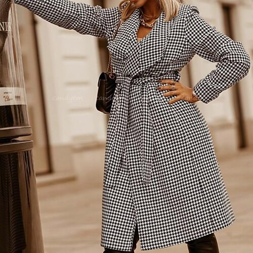 

Women's Coat Long Lace up Pocket Coat WhiteBlack Green Khaki Casual Street Fall Buttoned Front Turndown Regular Fit S M L XL XXL