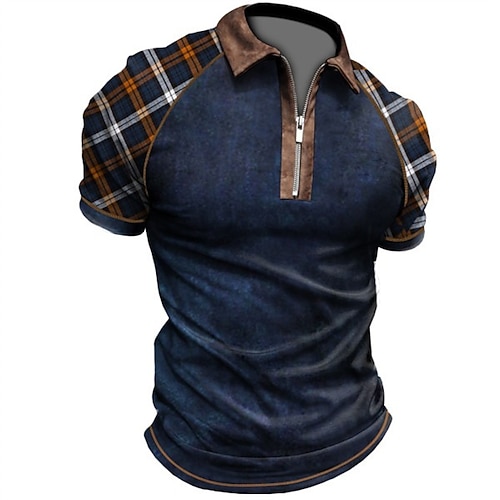 

Men's Collar Polo Shirt Golf Shirt Plaid Turndown Navy Blue 3D Print Street Daily Short Sleeve Zipper 3D Clothing Apparel Fashion Casual Breathable Comfortable / Beach