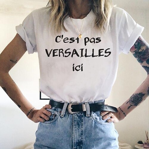 

Women's T shirt Tee Green Blue Pink Print Short Sleeve Casual Weekend Basic Round Neck Regular Cotton C'est Pas Versailles Ici Painting S