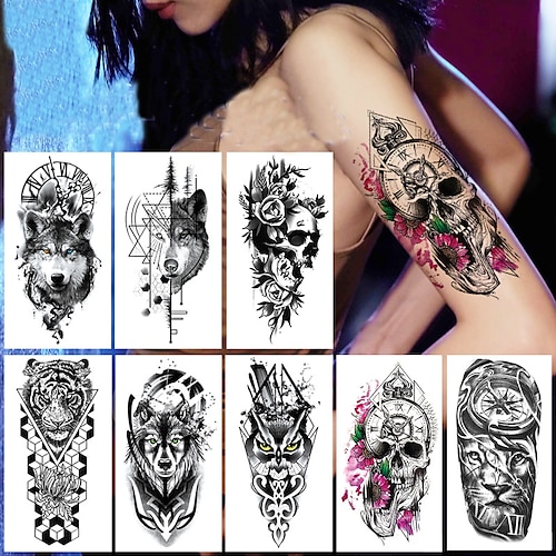 

8 pcs Black Forest Tattoo Sticker For Men Women Children Tiger Wolf Death Skull Temporary Tattoo Fake Henna Skeleton King Animal Tatoo