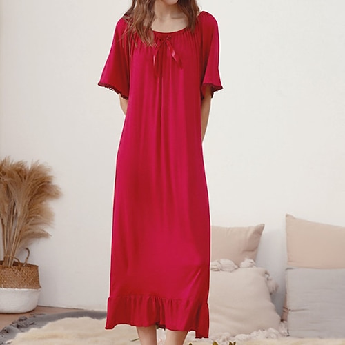 

Women's Pajamas Nightgown Dress Nighty Pure Color Comfort Sweet Home Cotton Off Shoulder Half Sleeve Spring Summer Wine Red / Modal / Pjs