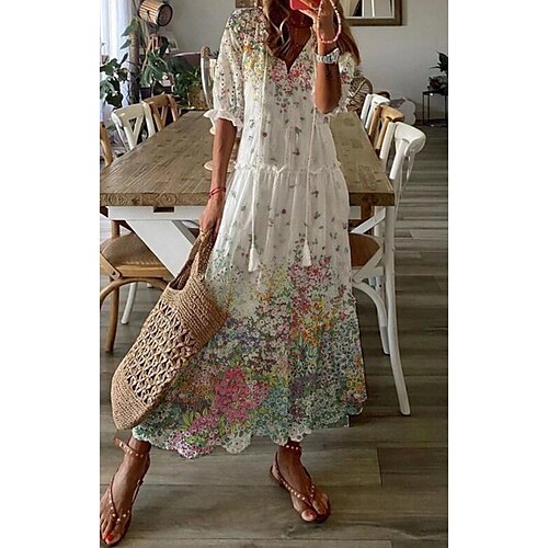 

Women's A Line Dress Maxi long Dress White Half Sleeve Floral Ruched Ruffle Print Spring Summer V Neck Elegant Casual 2022 4XL